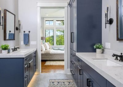 Bathroom with blue cabinets