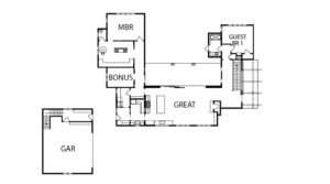 Floorplan of the Lower Level at Brush Creek English Modern Home, Featuring Spacious Living Areas and Bedrooms.