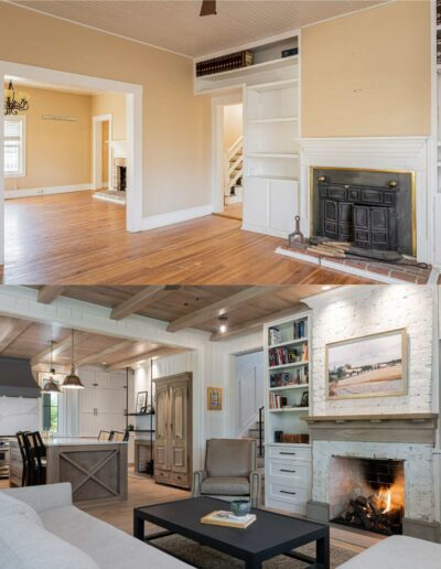 Remodeled living room with fireplace in energy-efficient luxury home near Asheville, North Carolina, incorporating original farmhouse aspects, locally milled wood, and exposed beams.