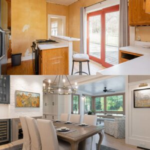 Remodeled kitchen at a luxury home near Asheville, North Carolina, showcasing energy-efficient features and locally milled wood with exposed beams.