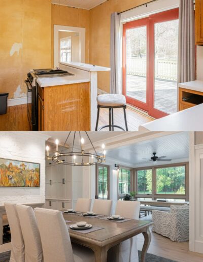 Remodeled kitchen at a luxury home near Asheville, North Carolina, showcasing energy-efficient features and locally milled wood with exposed beams.