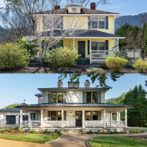 Remodeled house with energy-efficient whole-home renovation near Asheville, North Carolina, showcasing original farmhouse aspects, locally milled wood, exposed beams, and natural elements.