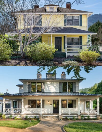 Remodeled house with energy-efficient whole-home renovation near Asheville, North Carolina, showcasing original farmhouse aspects, locally milled wood, exposed beams, and natural elements.