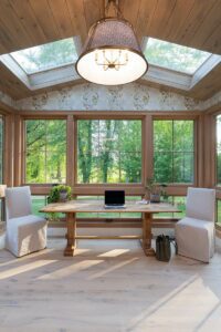 Office with Wallpaper in Remodeled Luxury Home near Asheville NC - Energy Efficient Whole-Home Renovation with Exposed Beams and Locally Milled Wood - Featured in 2023 Parade of Homes.